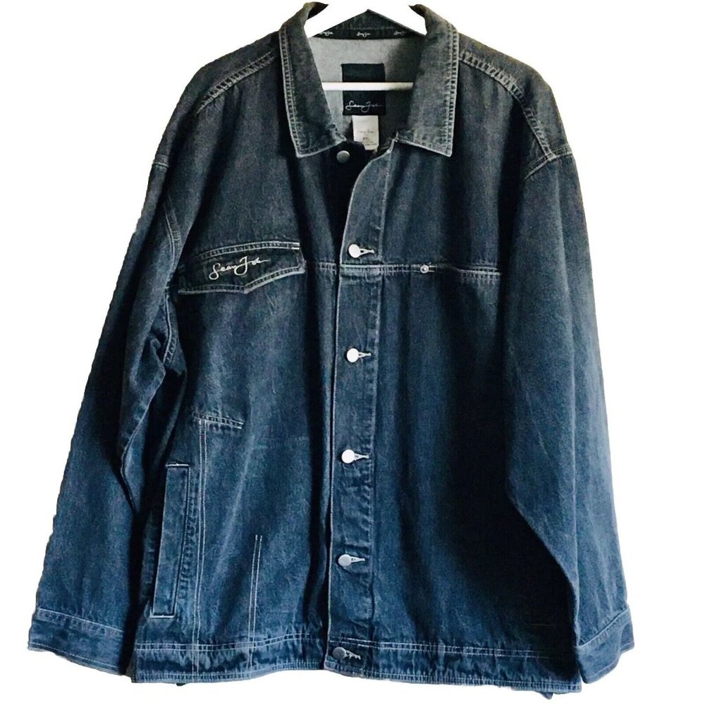 Vintage‎ 90s SEAN JOHN Jean Trucker Jacket Mens XXL Black Denim Long Sleeve
